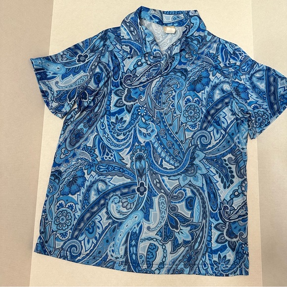 Haband Womens Sz Large Vintage Blue Paisley Boho Pointed Collar V-Neck 70’s Vibe - Picture 1 of 6